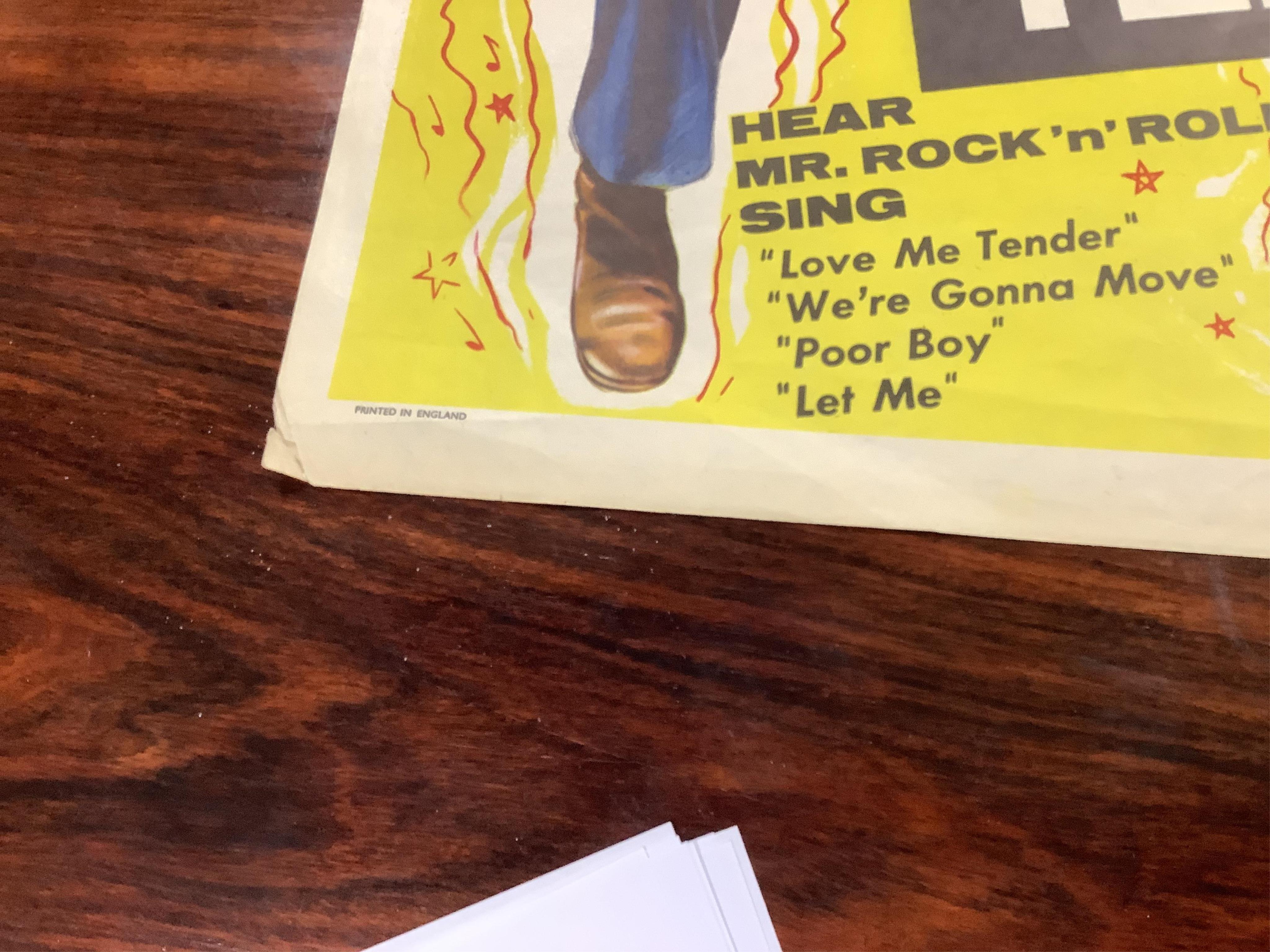 Elvis Presley interest; an unframed film poster for ‘Love me Tender’, 1956, Stafford & Co Ltd., Netherfield, Nottingham; and London, printed in England, 75 x 50cm